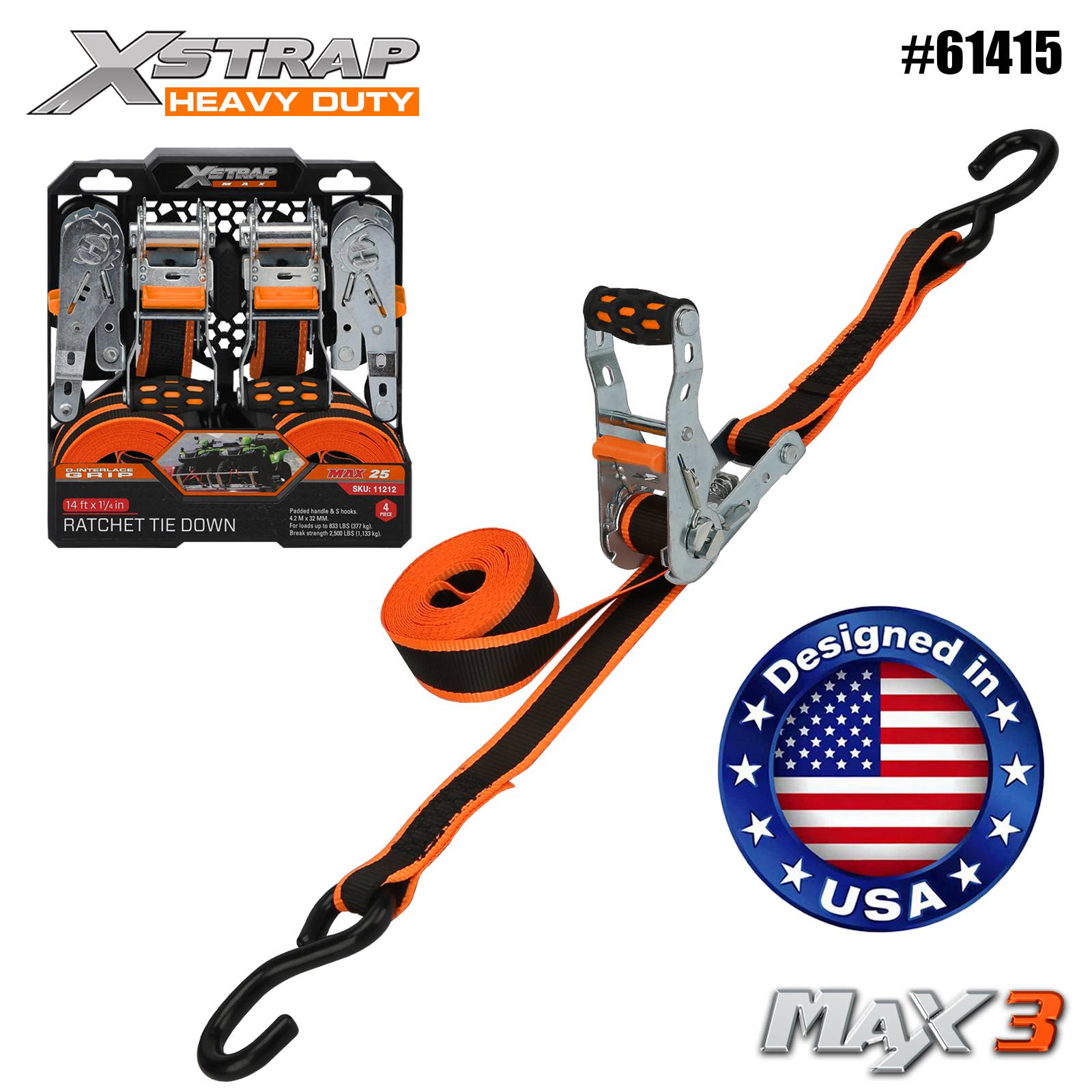 Xstrap 61415 1-1/4” x 14’ 4PK Ratchet Ceangail Síos 1000lb SWL