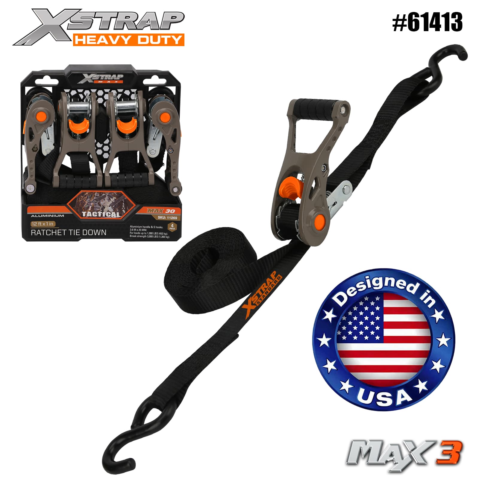 Xstrap 61413 1” x 14’ 4PK Ceangail Ratchet Oirbheartaíochta Síos le Lúb Bog 1000lb SWL