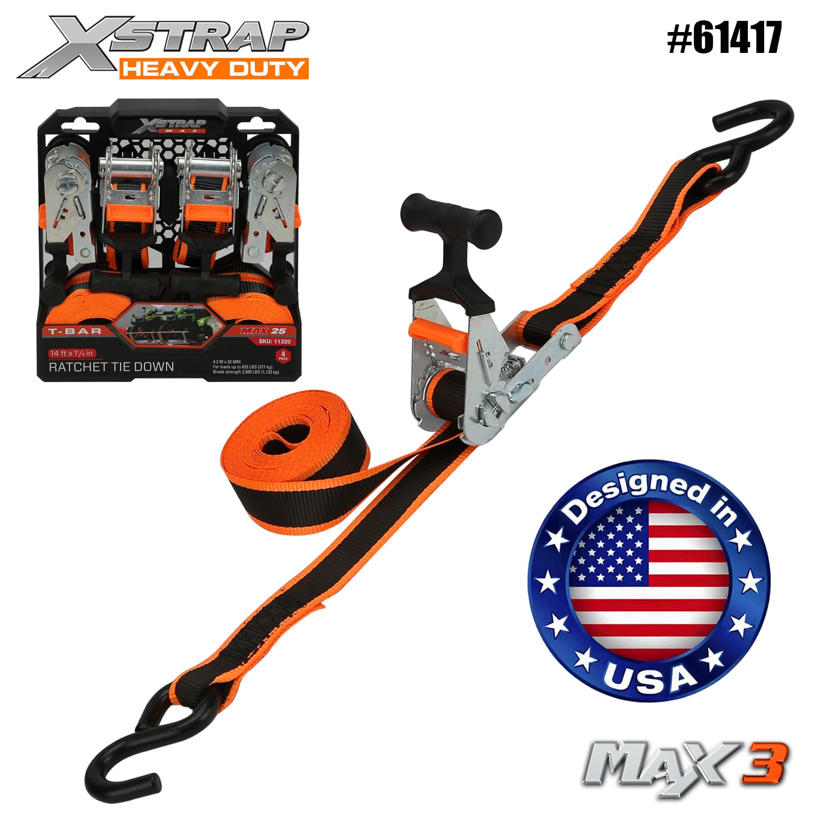 Xstrap 61417 1-1/4” x 14’ 4PK T-Bar Ratchet Ceangail Síos 1000lb SWL