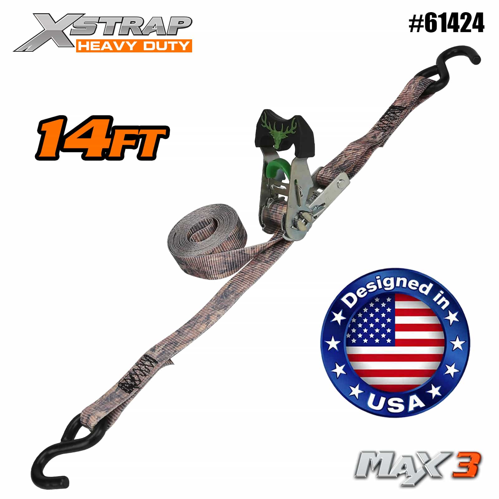 Xstrap 61424 1-1/16” x 14’ 2PK Camo Ratchet Ceangail Síos 1000lb SWL
