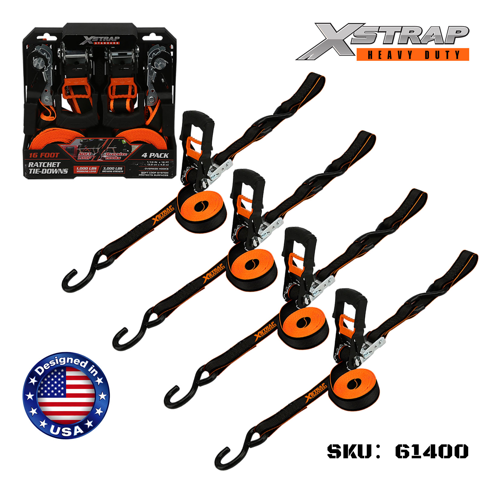 Xstrap 61400 1-1/4” x 16’ 4PK Ratchet Ceangail Síos le Hooks Oversize 1000lb SWL