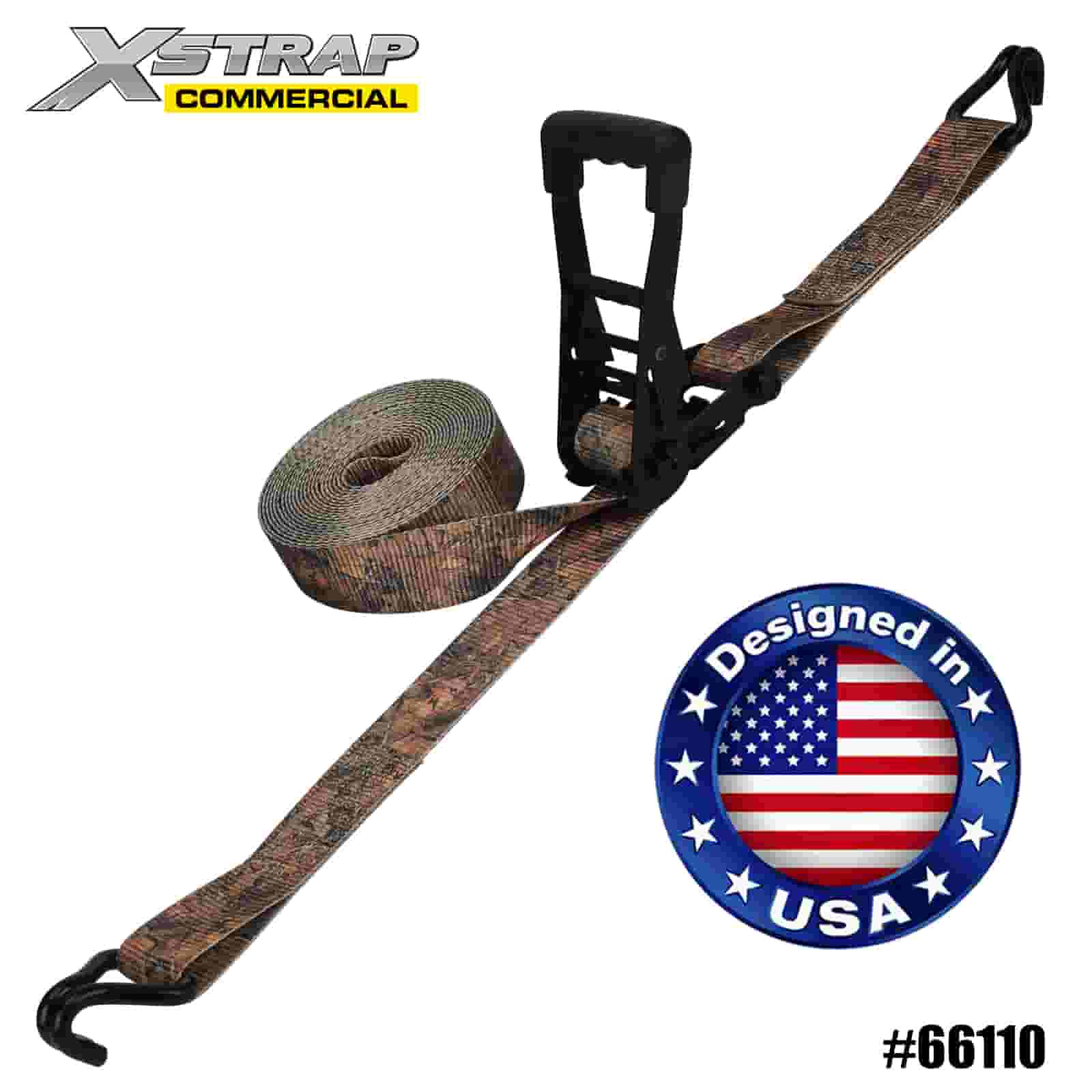 Xstrap 66110 2” x 27’ CAMO Ratchet Ceangail Síos le Dúbailte J Hooks 3333lb SWL