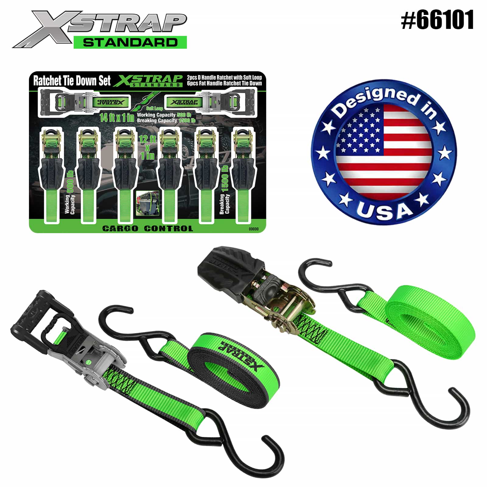 Xstrap 66101 1” x 14’ 2PK D Láimhseáil Ratchet le Lúb Bog 500lb SWL agus 1” x 12’ 6PK Ratchet Láimhseála Comhréidh Ceangail Síos 500lb SWL