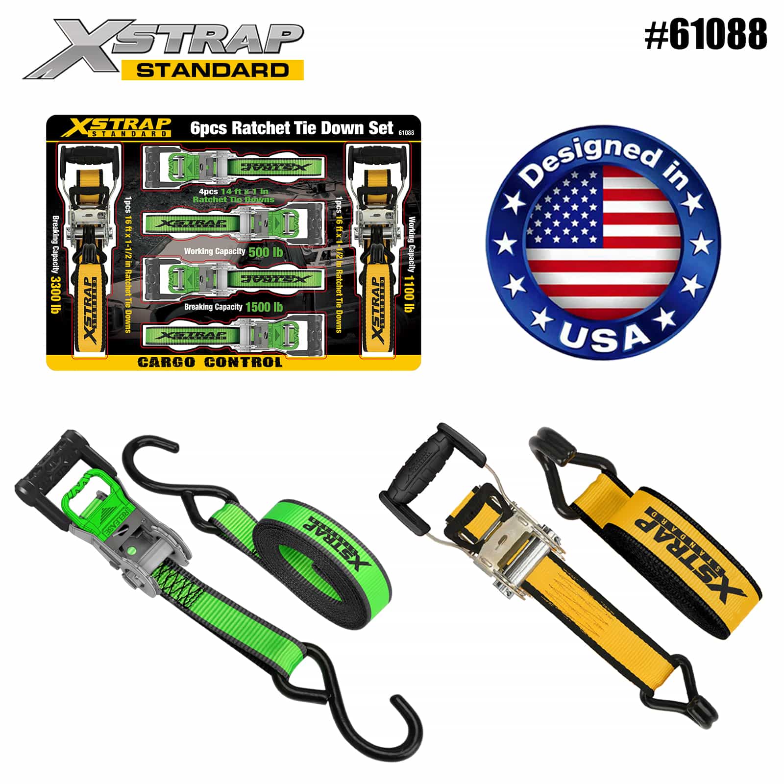 Xstrap 61088 1” x 14’ 4PK D Láimhseáil Ratchet le Lúb Bog 500lb SWL agus 1” x 16’ 2PK Ratchet Láimhe Breise Leathan Ceangail Síos 1100lb SWL