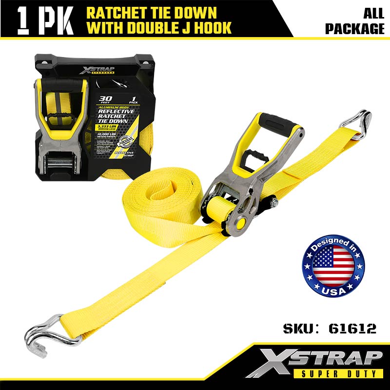 Xstrap 61612 2” x 30’ Ratcet Ceangail Síos le Dúbailte J Hooks 3333lb SWL