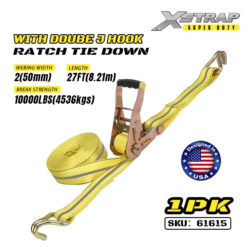 Xstrap 61615 2” x 27’ Ratcet Nasc Síos le Dúbailte J Hooks 3333lb SWL
