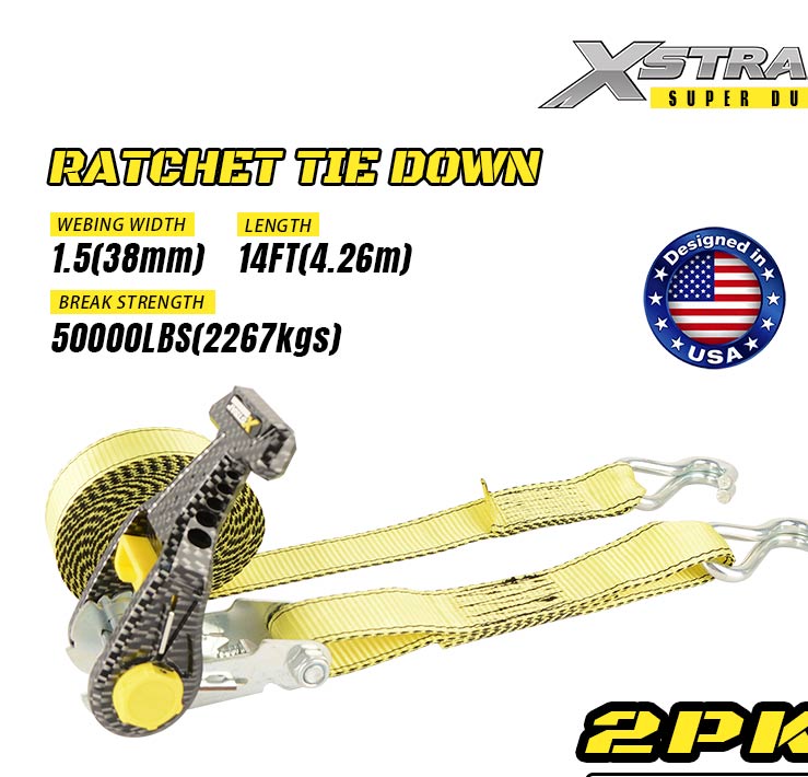 Xstrap 61620 2PK 1-1/2” x 14’ Ratcet Nasc Síos le Hooks Double J 1667lb SWL