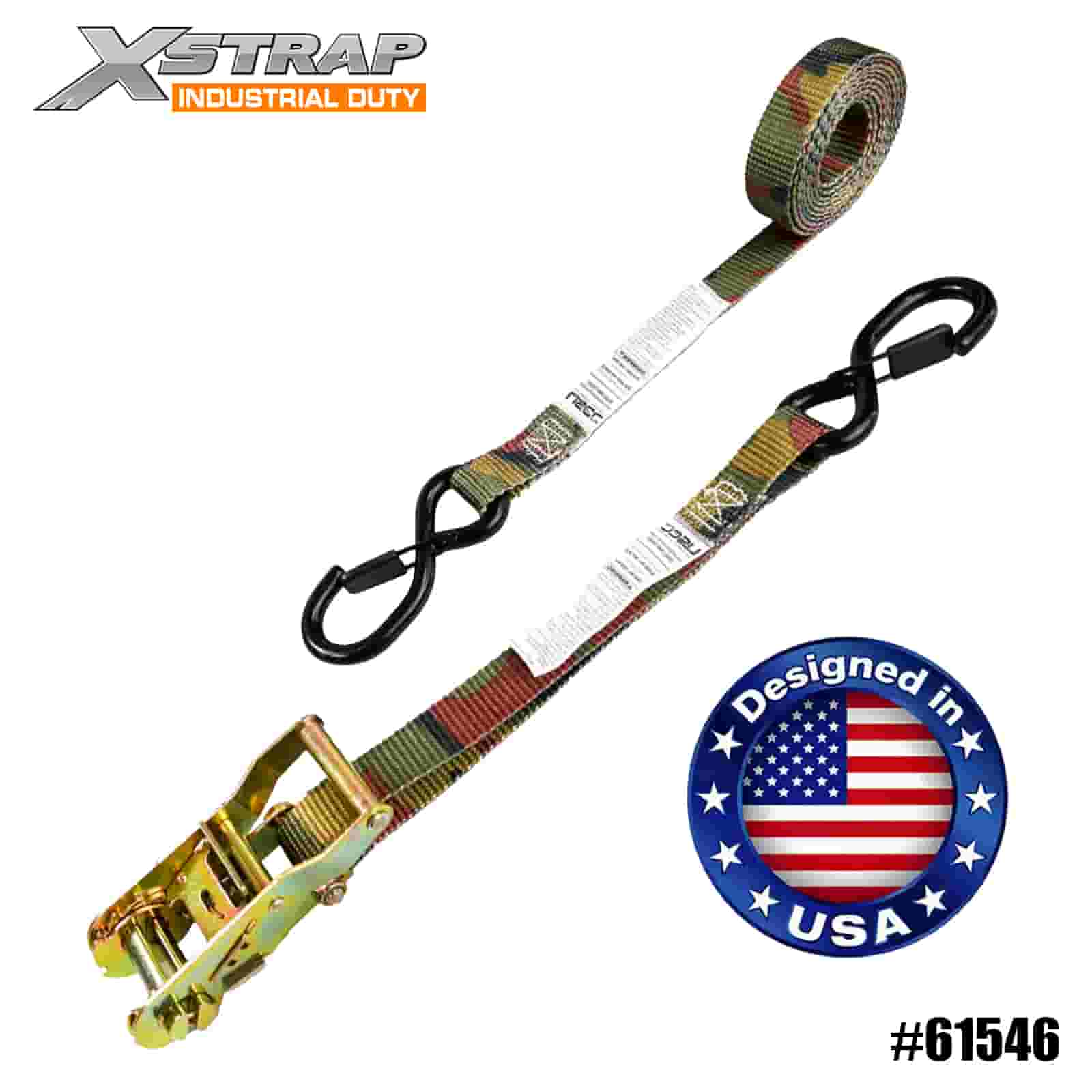 Xstrap 61546 1” x 8’ Camo Crann Seastán Strap Raitse le Hooks Sábháilteachta Brataithe Vinyl S 666lb SWL
