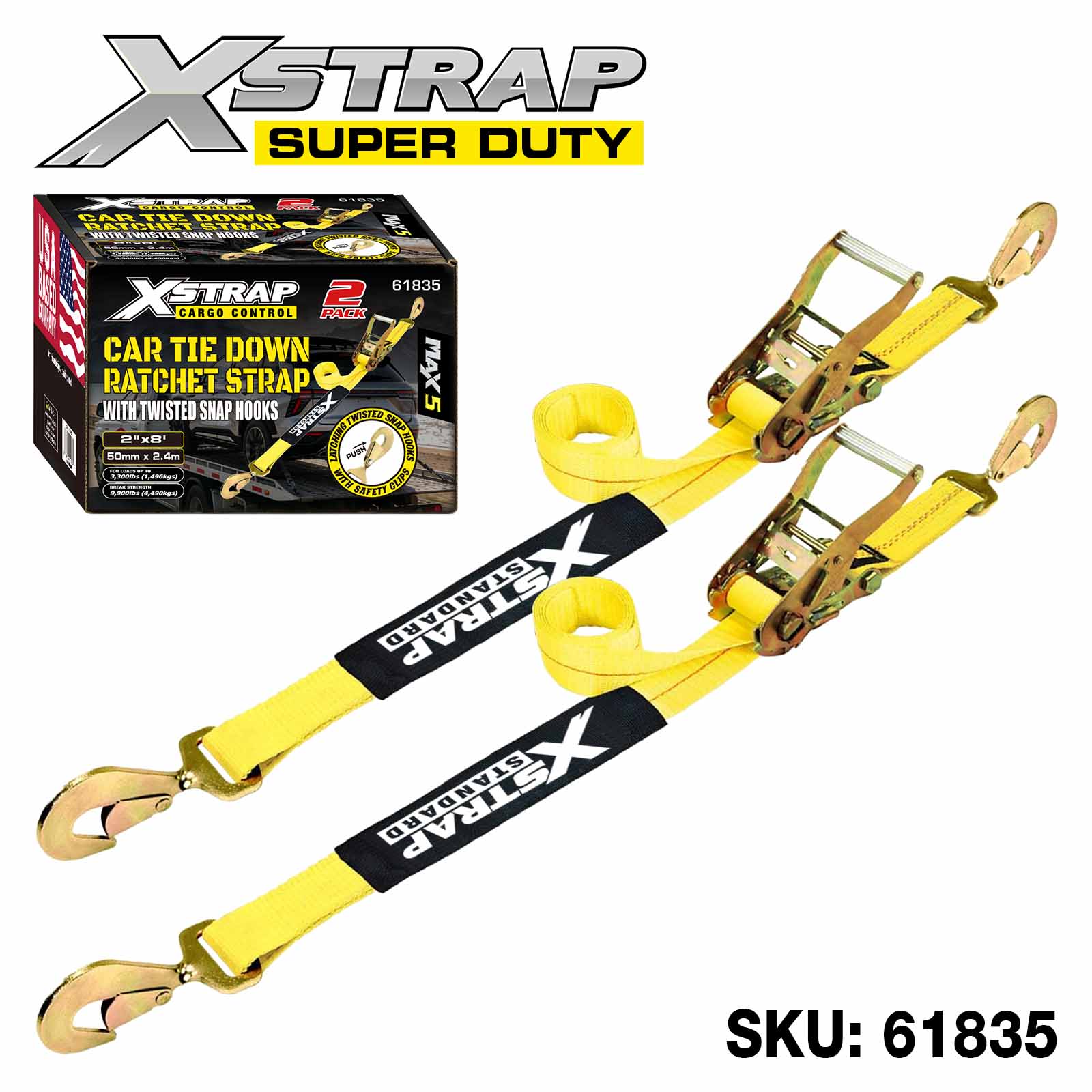 Strapaí Ceangal Síos Gluaisteán Xstrap 61835 2” x 8’ 2PK 3,300lb SWL