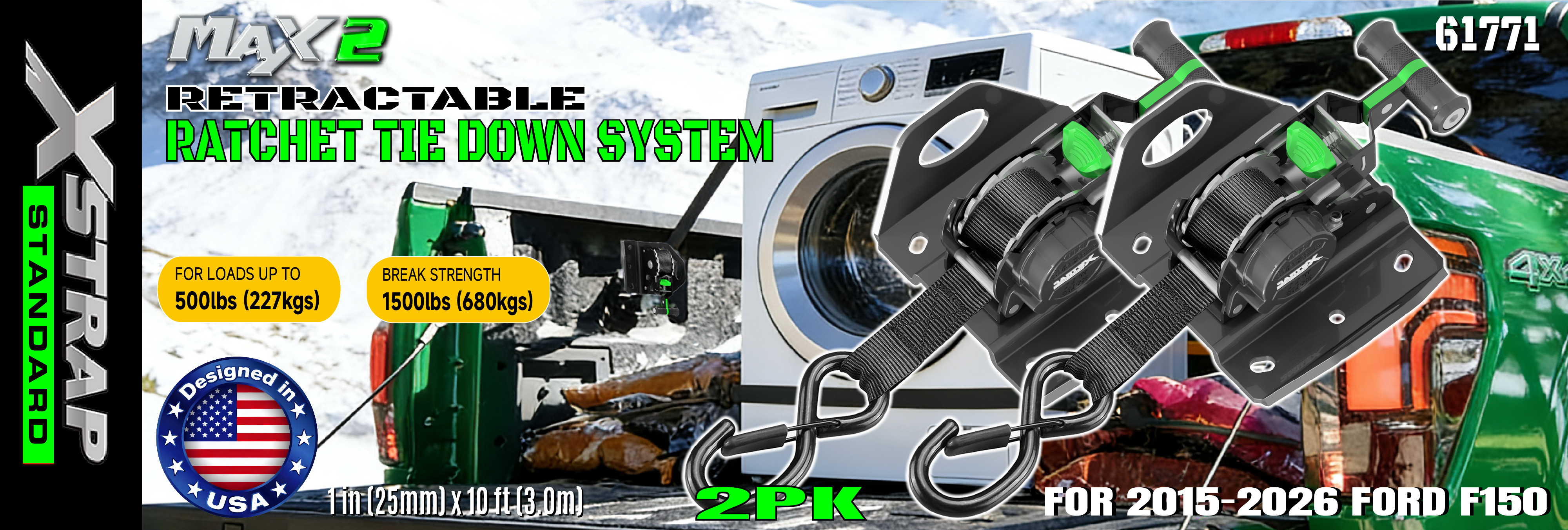 Feisteas Strapaí Ratchet Inghnóthaithe Xstrap 61771 le haghaidh Gabhálais Gluaisteán F150 500LB SWL