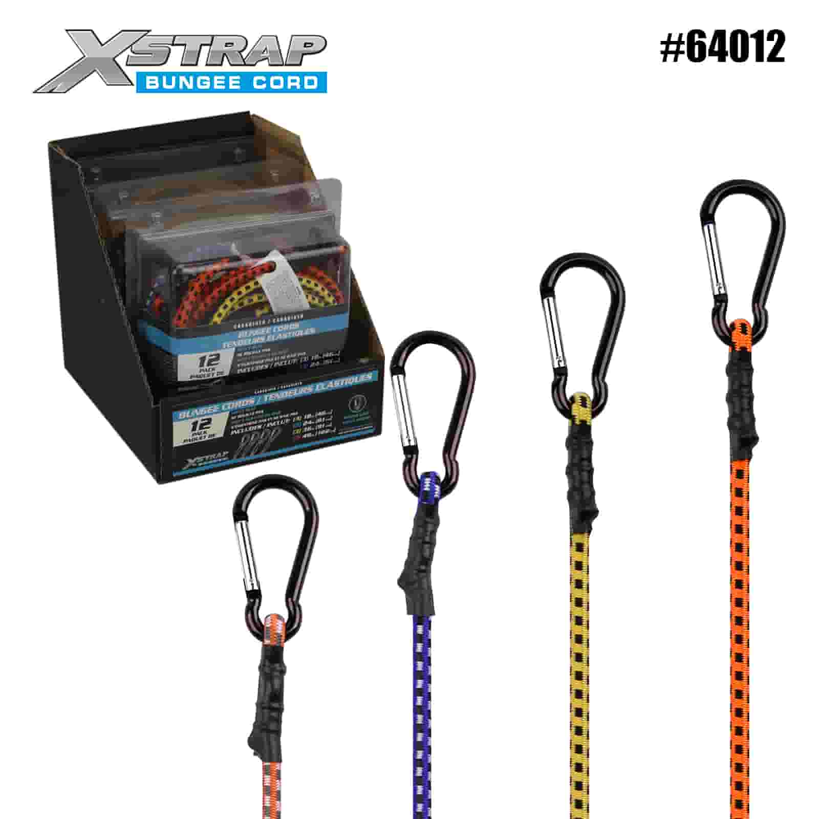 Xstrap 64012 12PK Glais Geata an Earraigh Corda Bungee Slán 8mm x 18”/24” /36”/ 48” 88-110lbs SWL